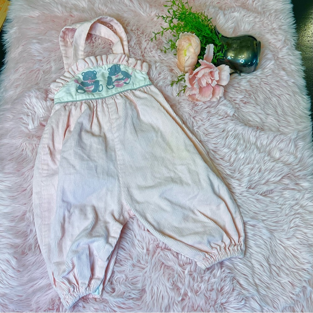 Sweet Potatoes Vintage 80s 90s Pink Bear Corduroy Overall Romper Sz 12 Mo USA